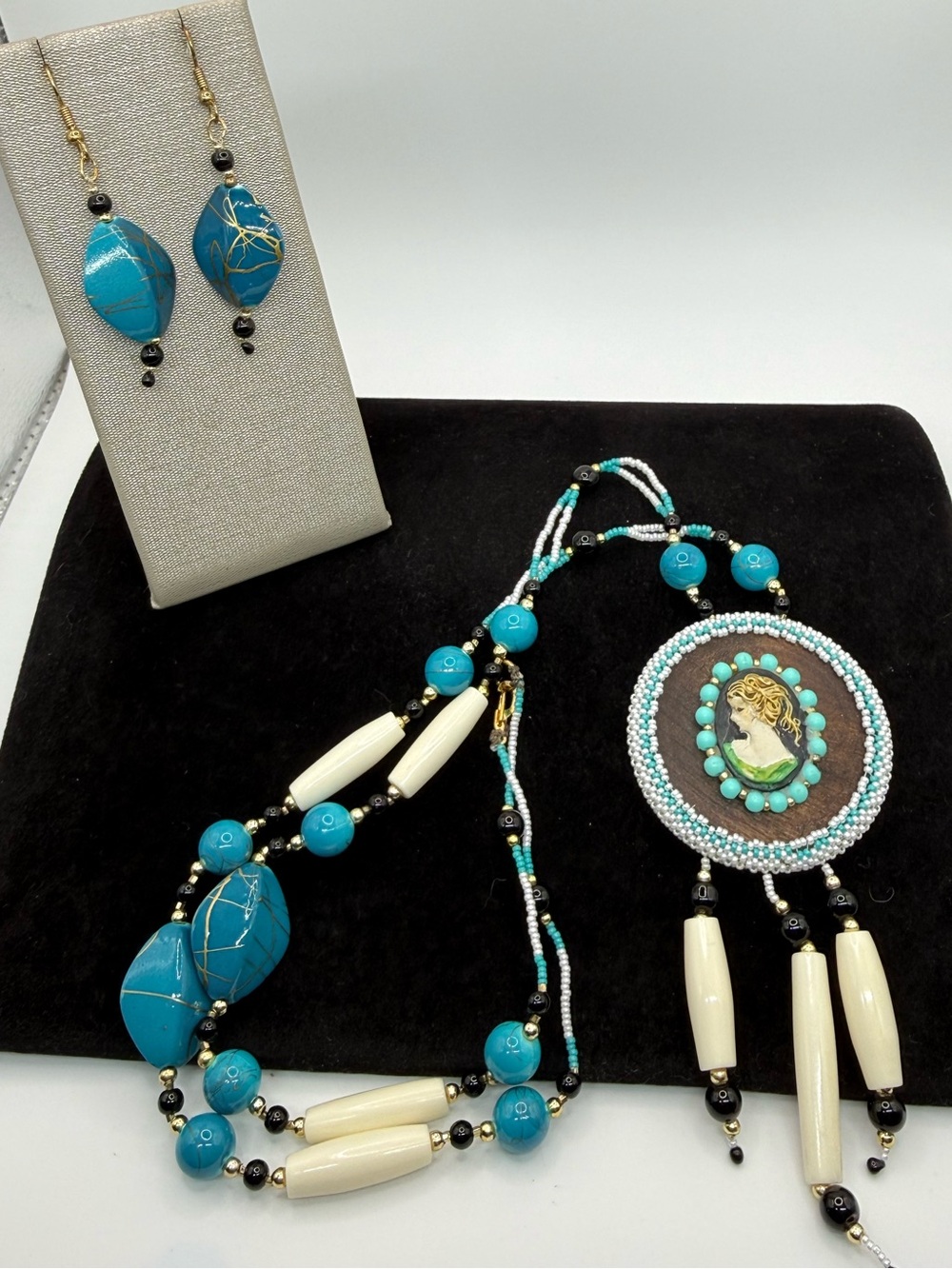 Handmade Turquoise Cameo Statement Necklace & Earrings Artisan Beaded Set